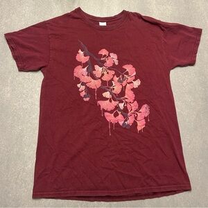 Gildan Maroon Graphic Tee with Pink Floral Pattern
